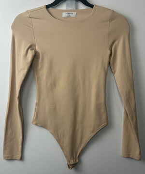 Babaton Aritzia XS Contour Crew Neck Long Sleeve Bodysuit Tan Women Thong B7